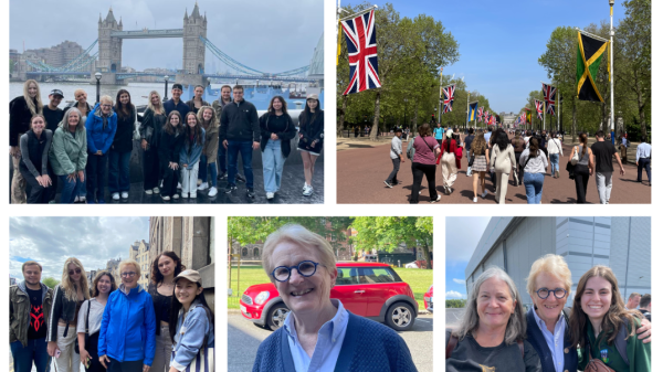 Collage of photos of Belle Edson with students in various locations abroad.
