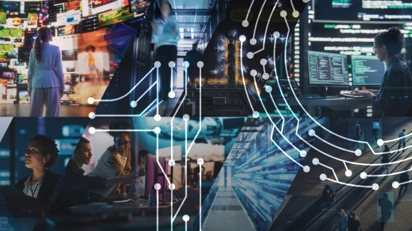 Collage of people looking at screens, working in labs, working near machinery and walking in glowing hallways with the number 10 overlaying the collage.