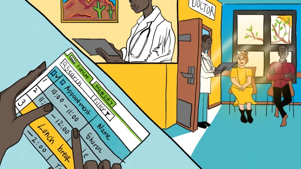 An illustration of a split scene showing a hand pointing to a schedule with appointments and a lunch break, while a healthcare professional stands at a doorway labeled “Doctor,” with two people seated in a waiting area.