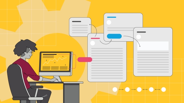 An illustration of a student at a desk on a yellow background with document icons to the right.