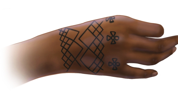 Illustration of a tattooed hand.