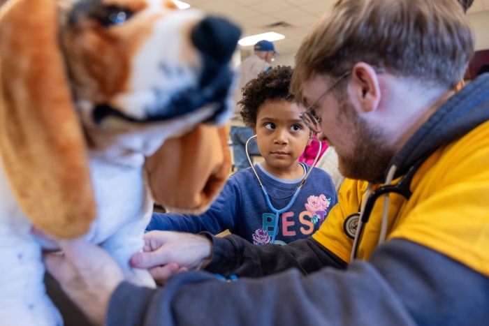 Young girl using stethoscope to listen to stuffed dog.
